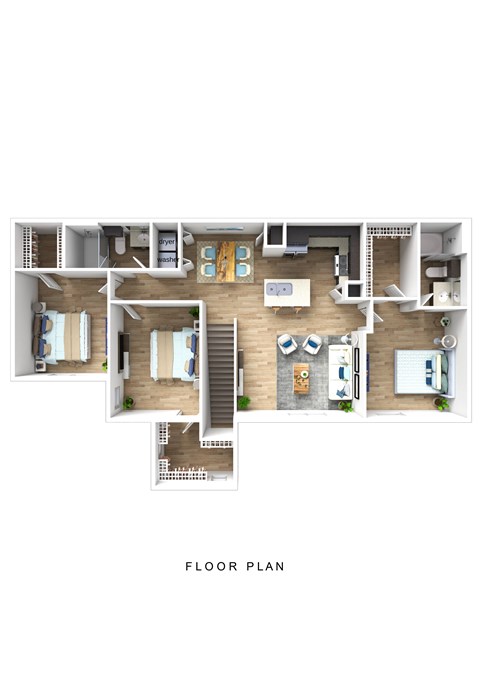 A floor plan of a house with a kitchen, living room, and bedrooms.
